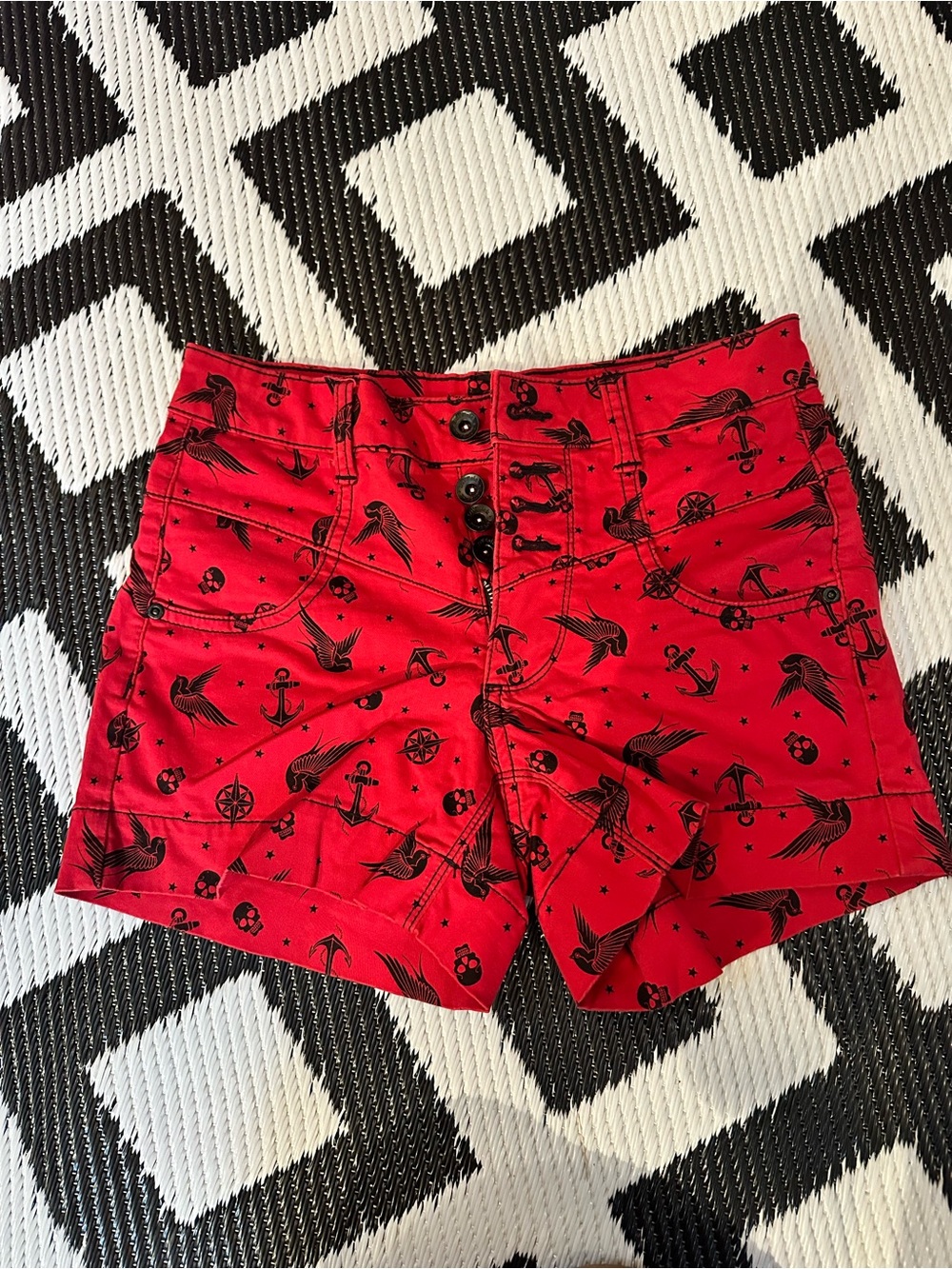 Lovesick Red High-Waist Button-Front Shorts with Black Nautical Print
